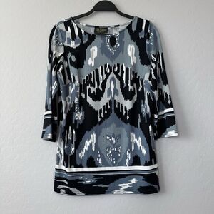 Bob Mackie Small Blue Black White Abstract 3/4 Sleeve Tunic‎ Top